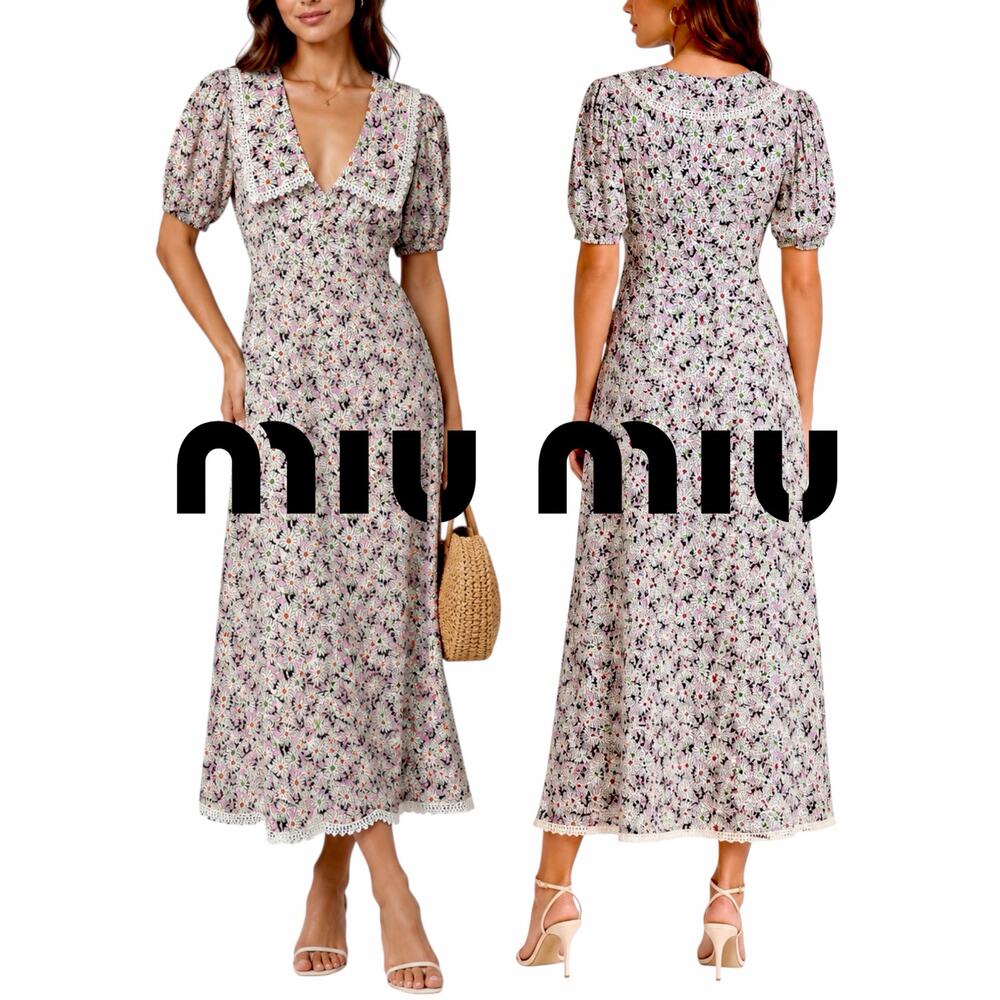 Miu Miu Abito Sable Floral Print Midi Dress Primula Pink Size 36